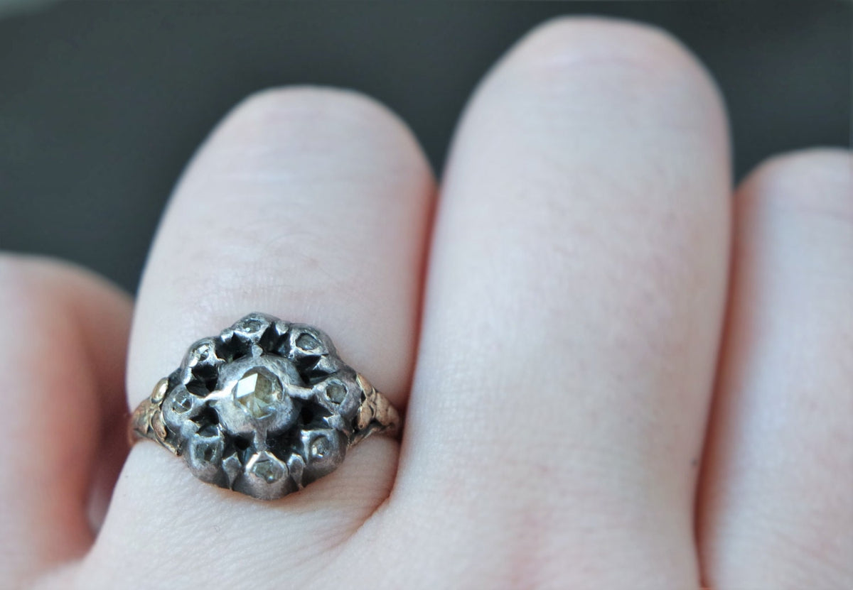 Georgian Rose Cut Diamond Gold and Silver Ring// Antique cluster engagement ring in yellow gold and silver