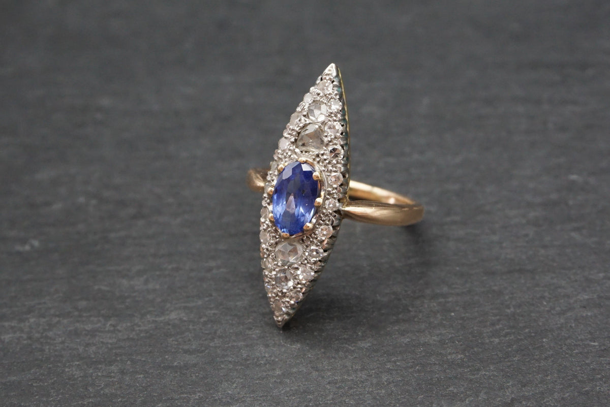 Victorian Sapphire Diamond Navette Alternative Engagement Ring // Antique Sapphire Rose Cut Diamond Gold 14K Ring