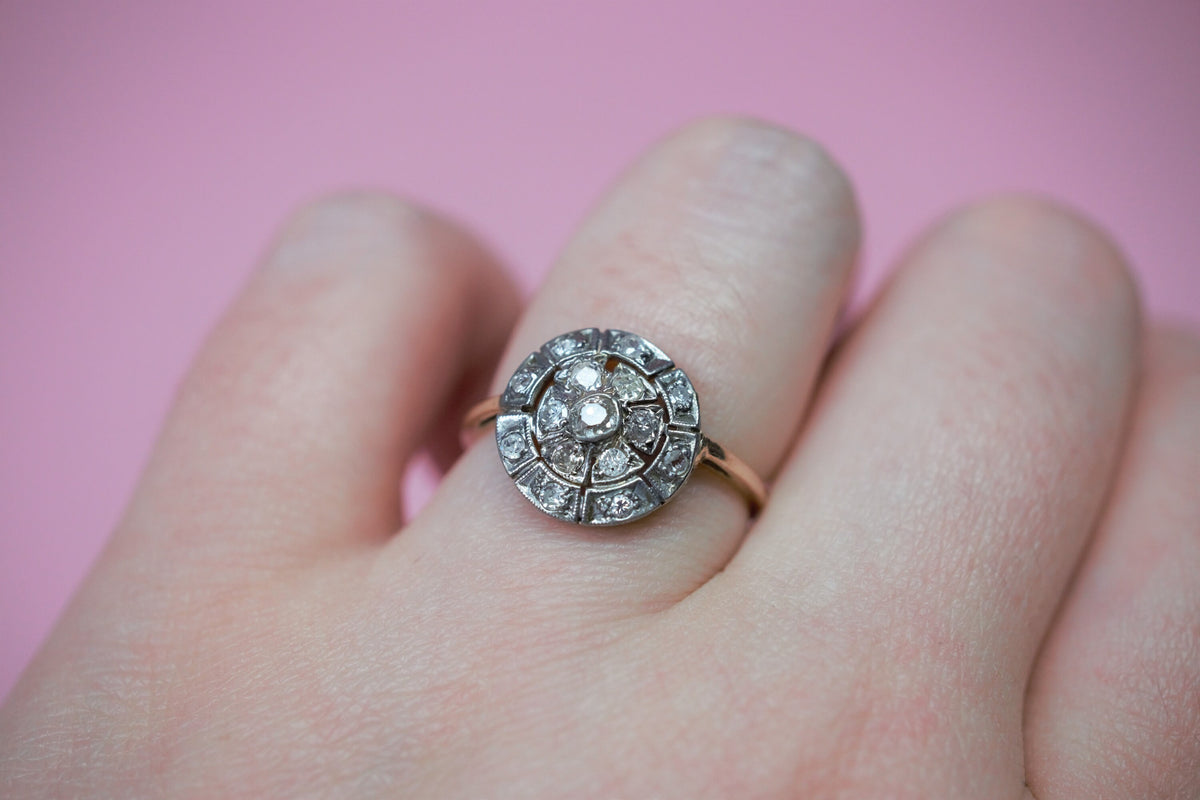 Antique Rose Cut Diamond Engagement Ring/Diamond Cluster 14K Gold Ring