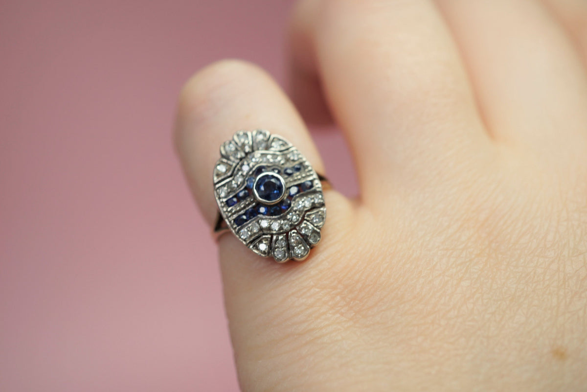 Antique Diamond and Sapphire Shield Ring/Edwardian 14K Gold and Silver Dinner Ring