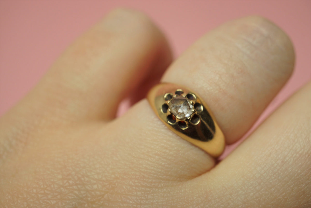 Victorian Rose Cut Diamond Solitair Ring/Antique Diamond 18K Gold Engagement Ring with Inscription