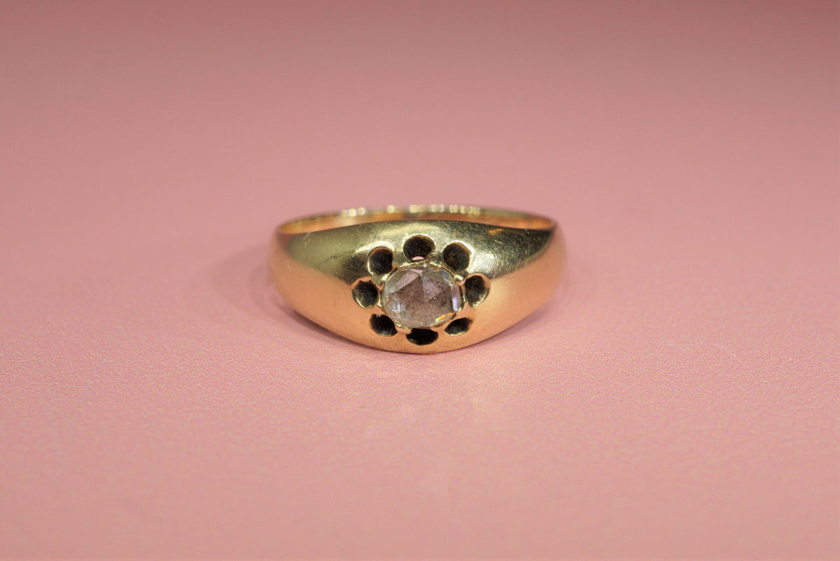 Victorian Rose Cut Diamond Solitair Ring/Antique Diamond 18K Gold Engagement Ring with Inscription