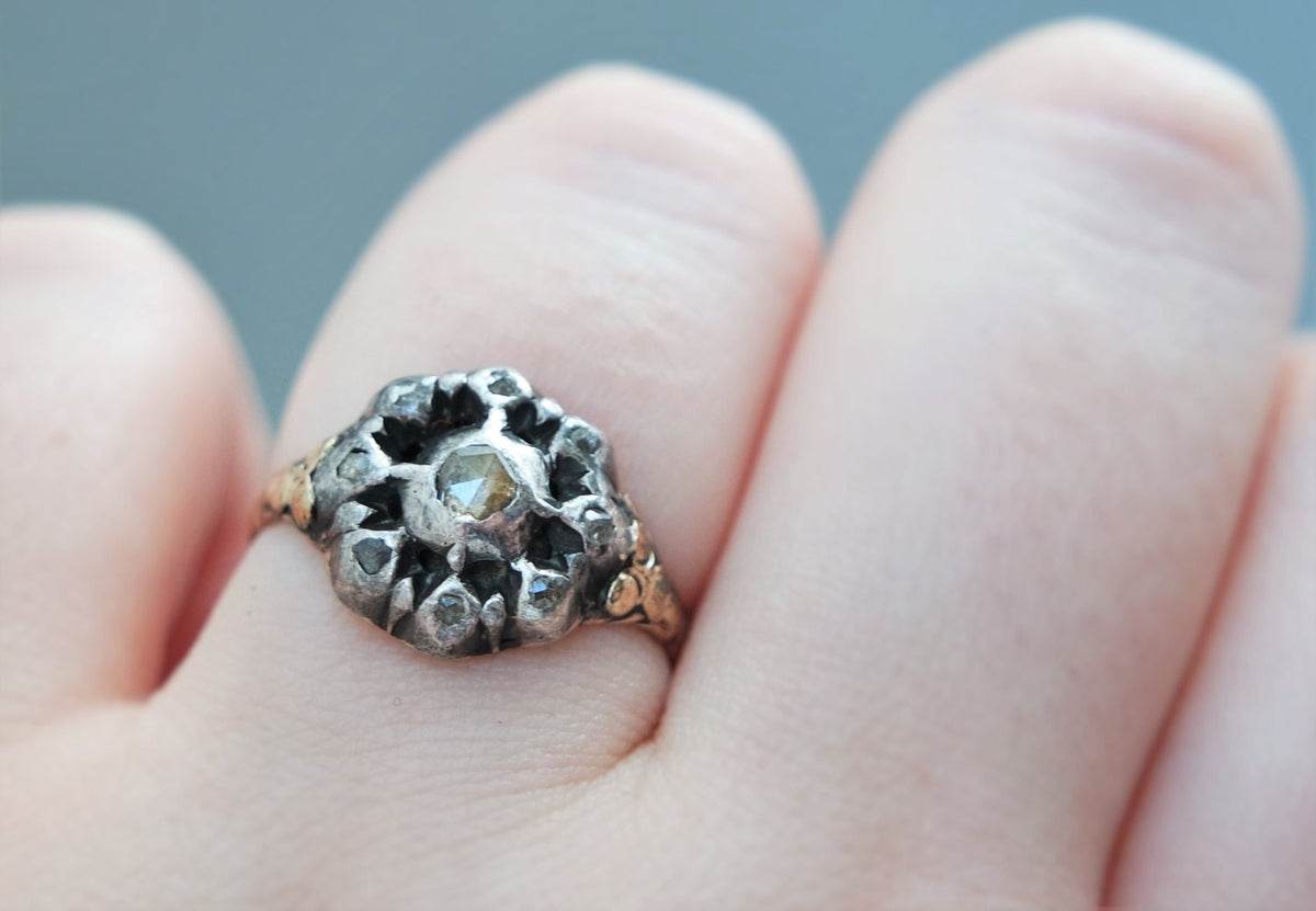 Georgian Rose Cut Diamond Gold and Silver Ring// Antique cluster engagement ring in yellow gold and silver