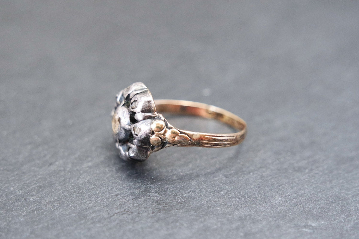 Georgian Rose Cut Diamond Gold and Silver Ring// Antique cluster engagement ring in yellow gold and silver