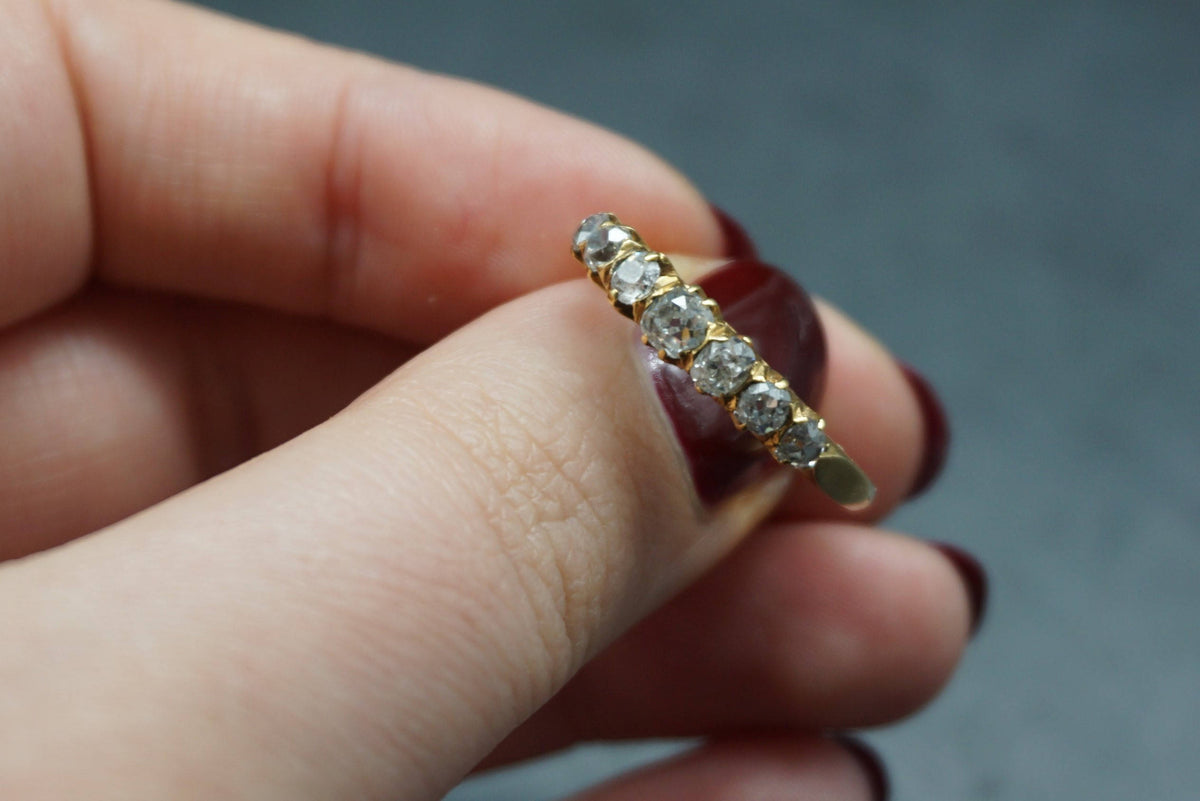 Victorian Diamond Half Hoop 18K Gold Ring/Antique Old Cut 7 Stone Diamond Wedding Band