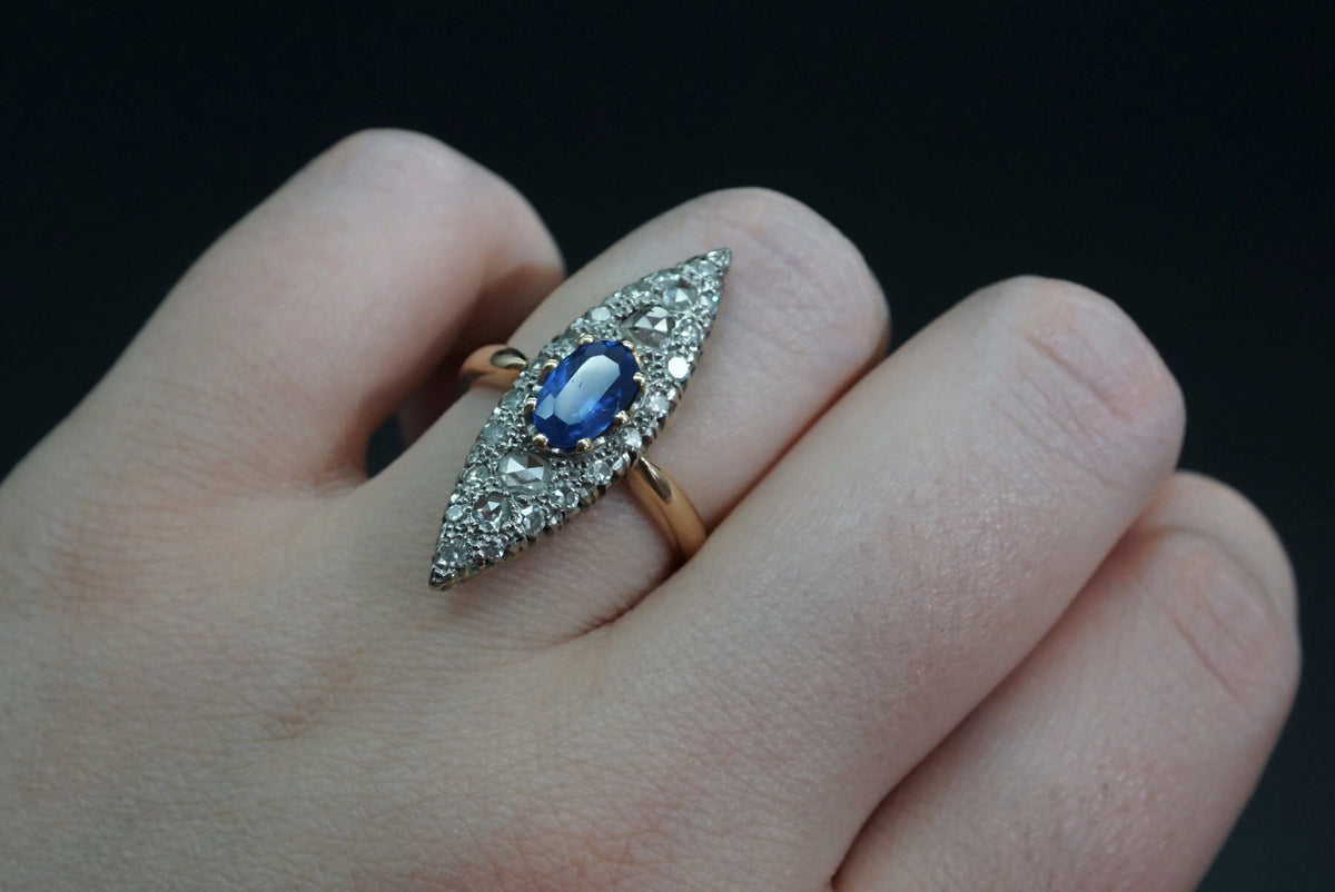 Victorian Sapphire Diamond Navette Alternative Engagement Ring // Antique Sapphire Rose Cut Diamond Gold 14K Ring