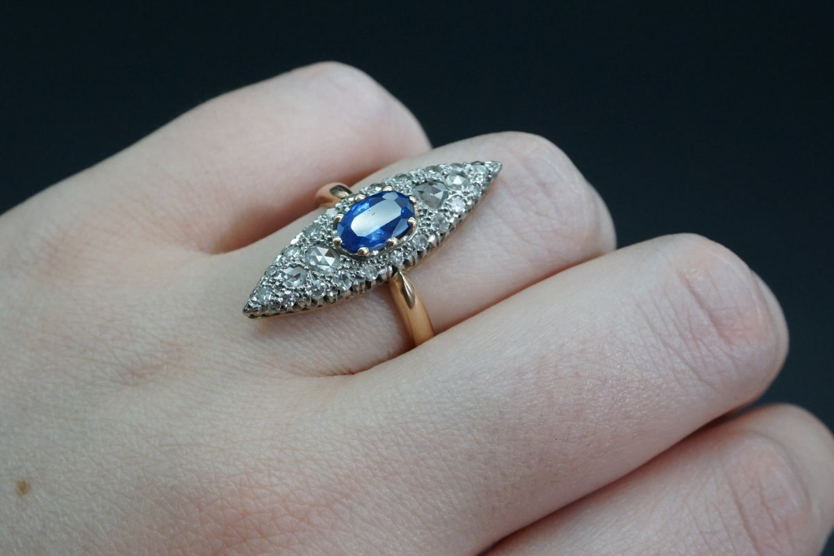 Victorian Sapphire Diamond Navette Alternative Engagement Ring // Antique Sapphire Rose Cut Diamond Gold 14K Ring