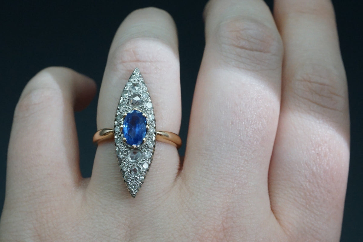 Victorian Sapphire Diamond Navette Alternative Engagement Ring // Antique Sapphire Rose Cut Diamond Gold 14K Ring