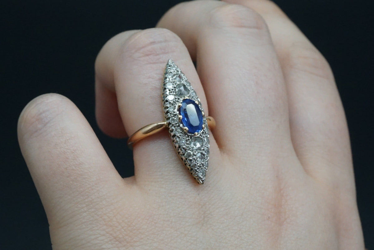 Victorian Sapphire Diamond Navette Alternative Engagement Ring // Antique Sapphire Rose Cut Diamond Gold 14K Ring