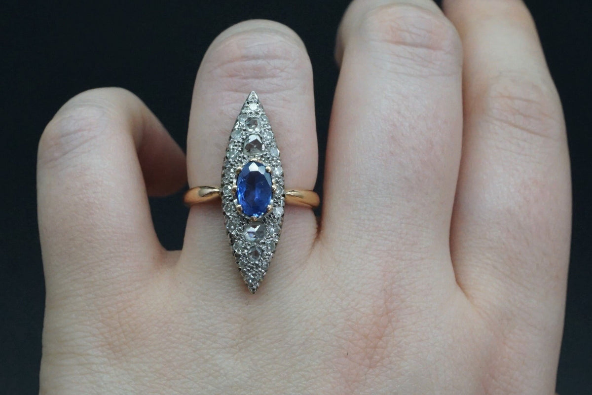 Victorian Sapphire Diamond Navette Alternative Engagement Ring // Antique Sapphire Rose Cut Diamond Gold 14K Ring