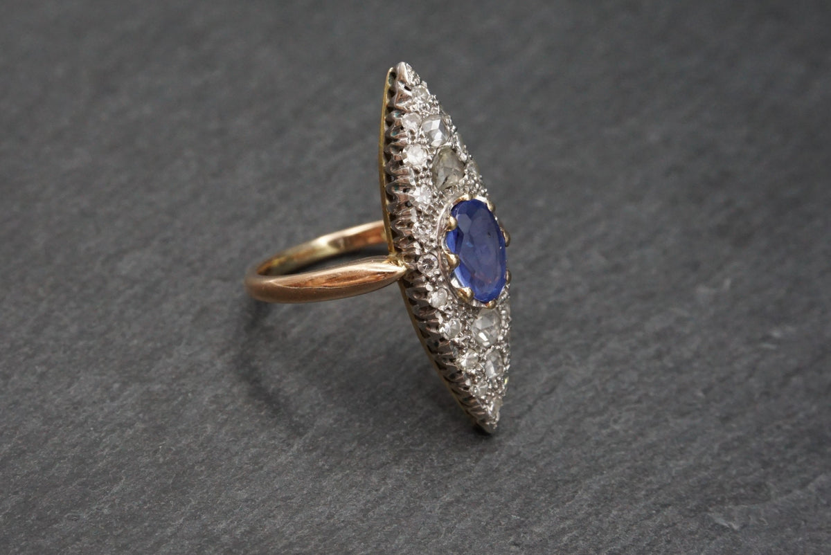 Victorian Sapphire Diamond Navette Alternative Engagement Ring // Antique Sapphire Rose Cut Diamond Gold 14K Ring