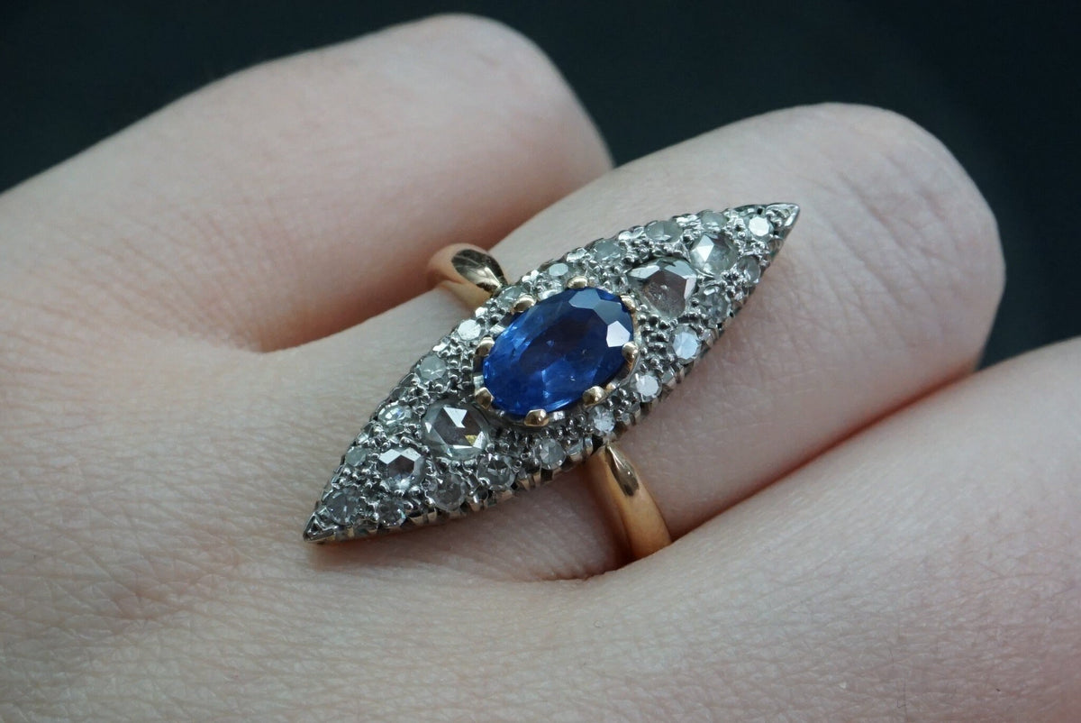 Victorian Sapphire Diamond Navette Alternative Engagement Ring // Antique Sapphire Rose Cut Diamond Gold 14K Ring