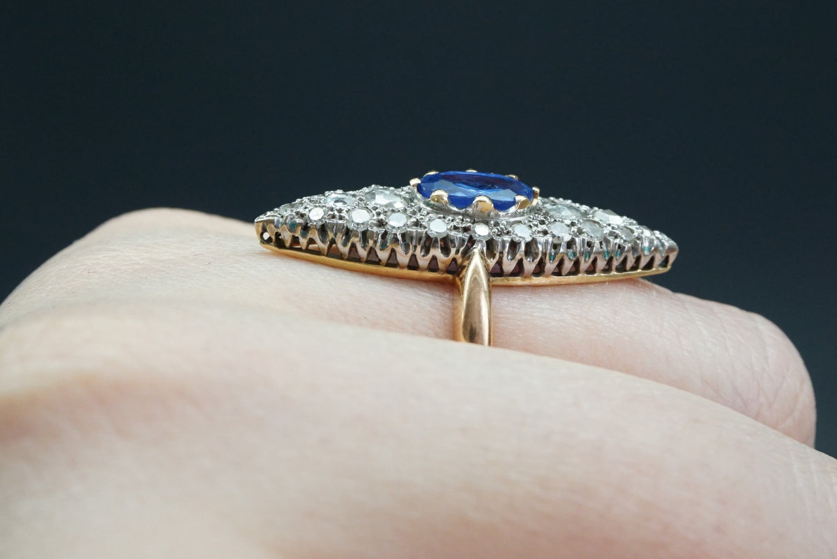 Victorian Sapphire Diamond Navette Alternative Engagement Ring // Antique Sapphire Rose Cut Diamond Gold 14K Ring