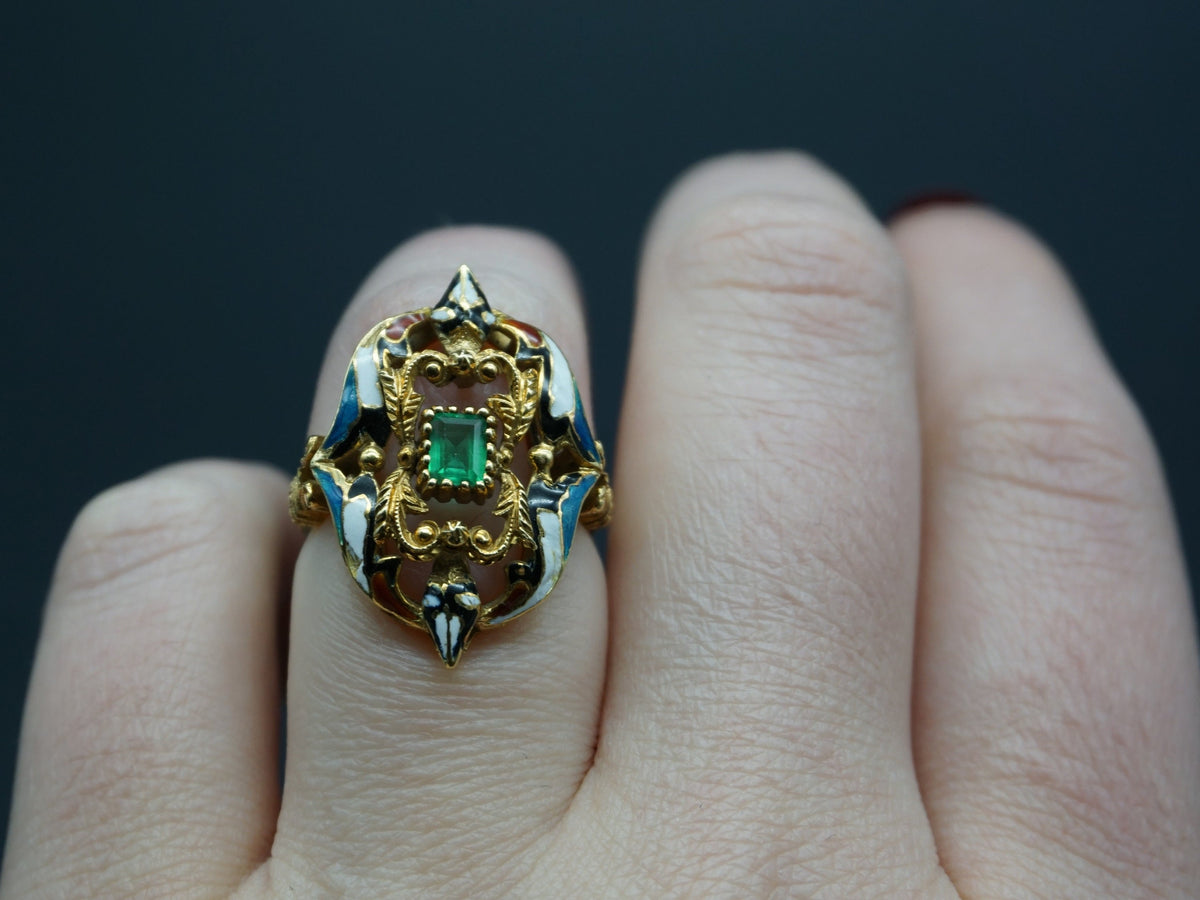 Vintage Emerald Enamel Gold Ring/Antique Style Italian 18K Gold Ring