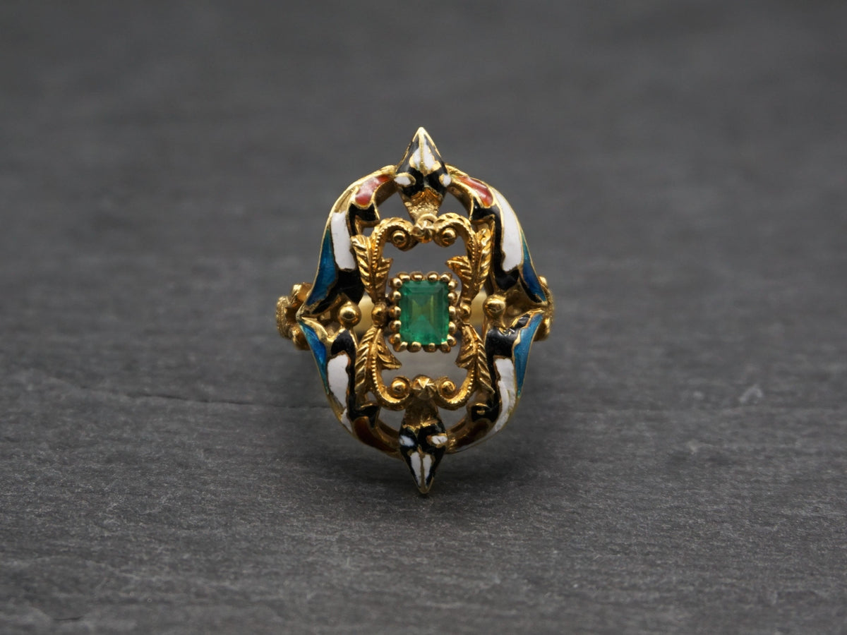 Vintage Emerald Enamel Gold Ring/Antique Style Italian 18K Gold Ring