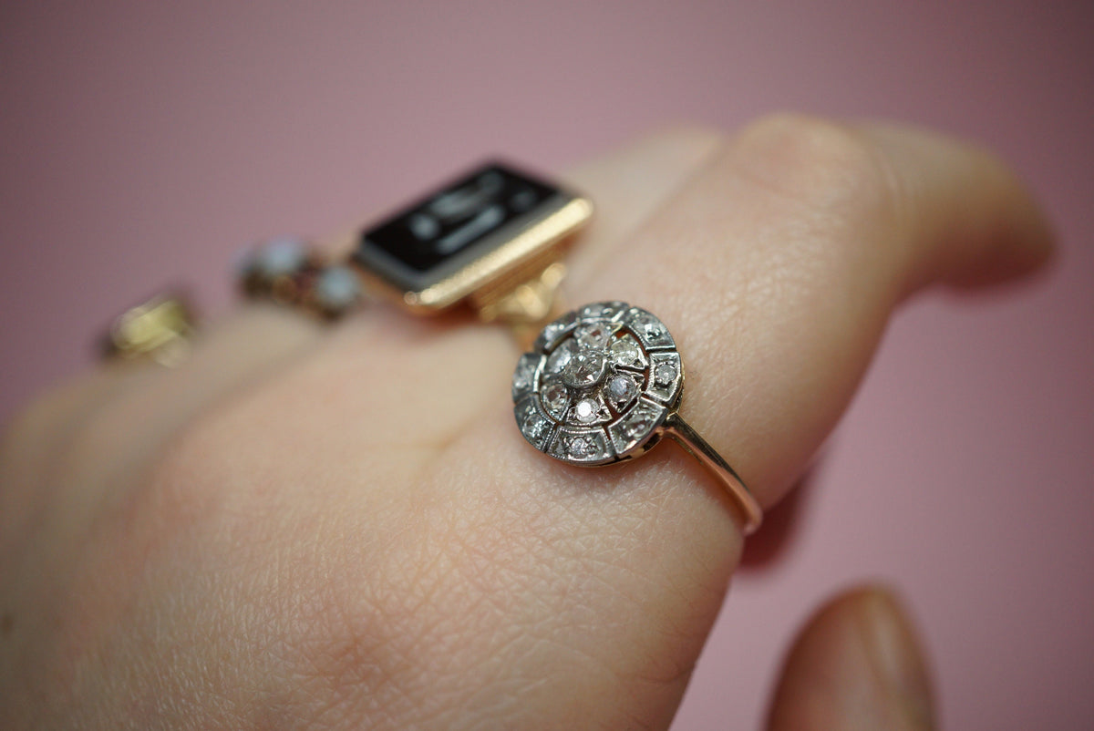 Antique Rose Cut Diamond Engagement Ring/Diamond Cluster 14K Gold Ring