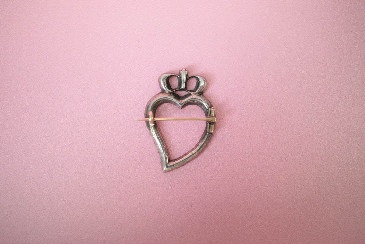 Georgian Crowned Witches Heart Brooch/Antique Silver and Gold Paste Rare Brooch