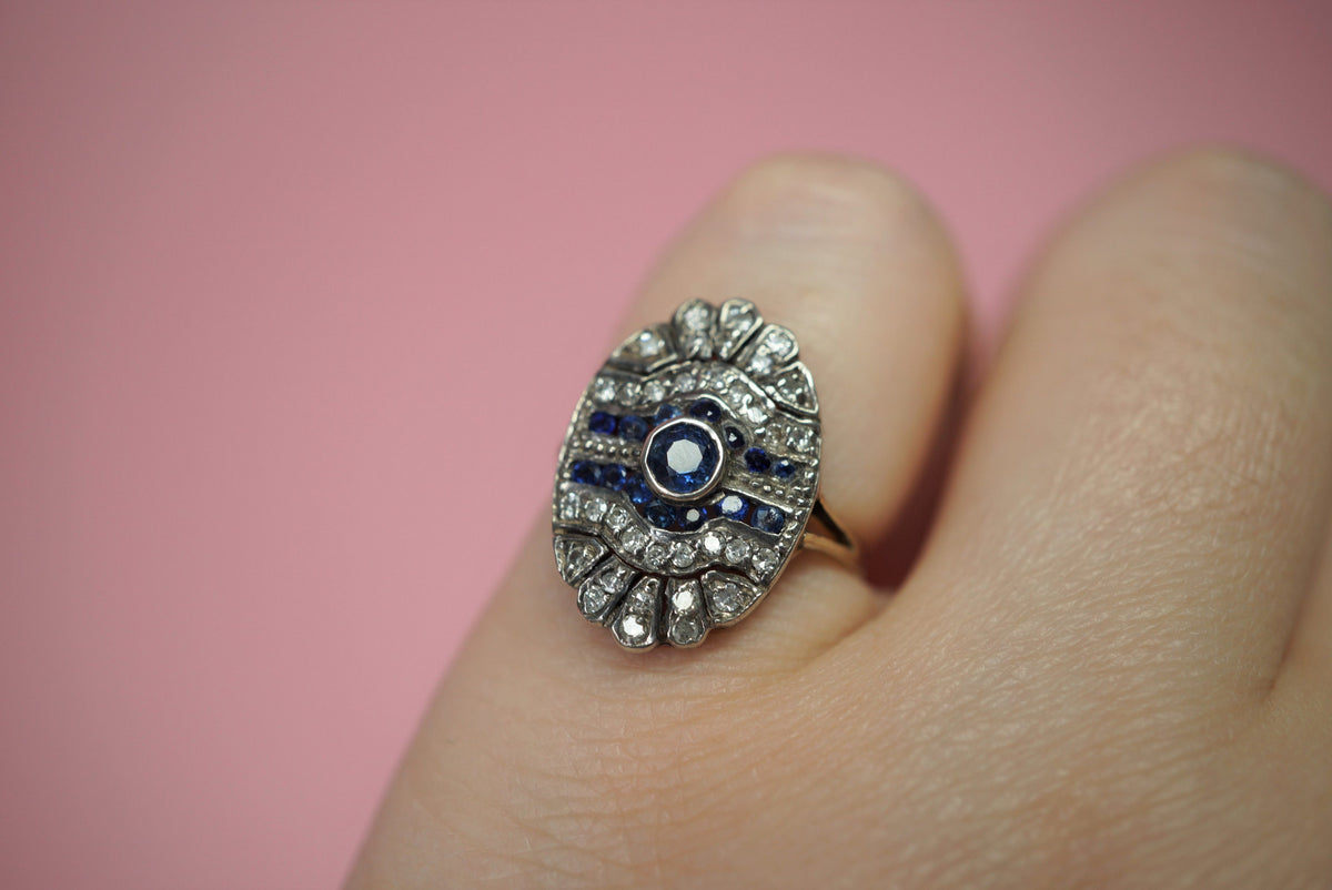 Antique Diamond and Sapphire Shield Ring/Edwardian 14K Gold and Silver Dinner Ring