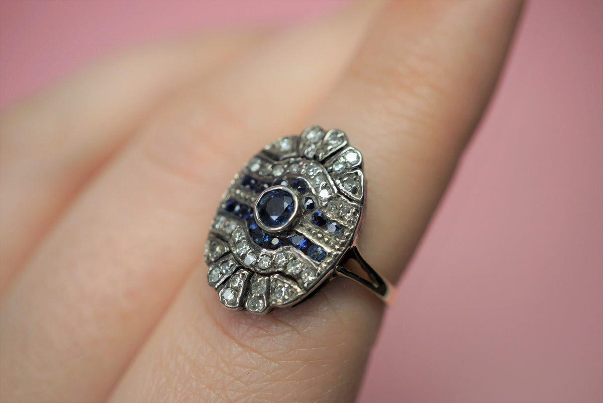 Antique Diamond and Sapphire Shield Ring/Edwardian 14K Gold and Silver Dinner Ring