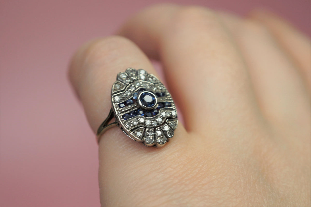 Antique Diamond and Sapphire Shield Ring/Edwardian 14K Gold and Silver Dinner Ring