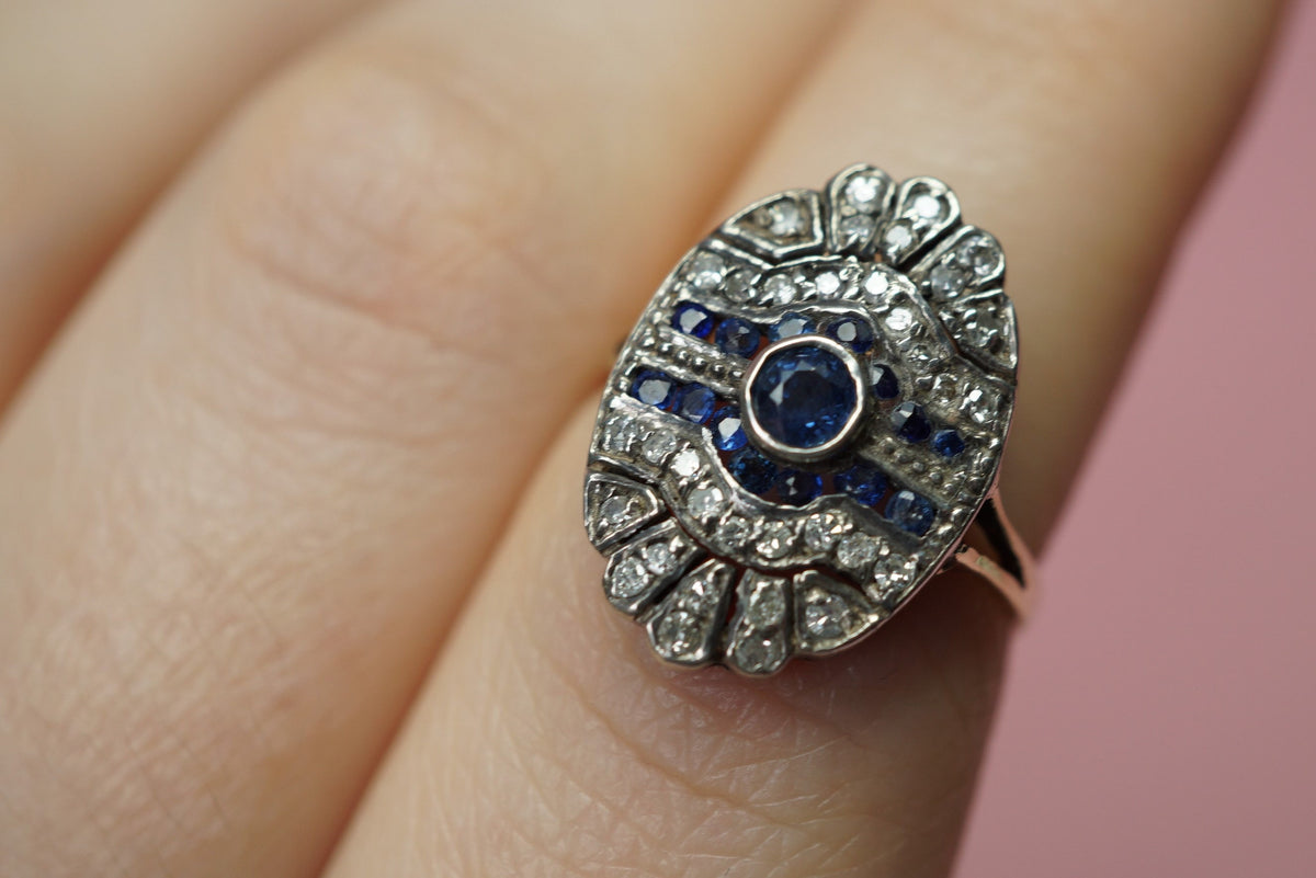 Antique Diamond and Sapphire Shield Ring/Edwardian 14K Gold and Silver Dinner Ring