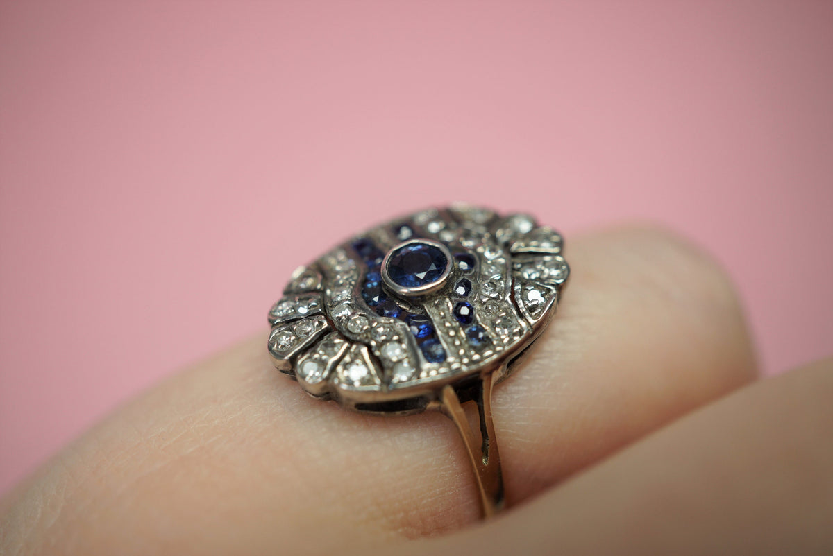 Antique Diamond and Sapphire Shield Ring/Edwardian 14K Gold and Silver Dinner Ring