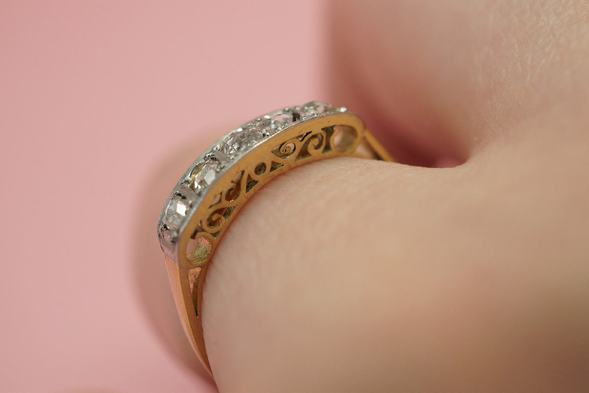 Art Deco Rose Cut Diamond Half Hoop Ring/Vintage 18K Gold 5 Stone Ring