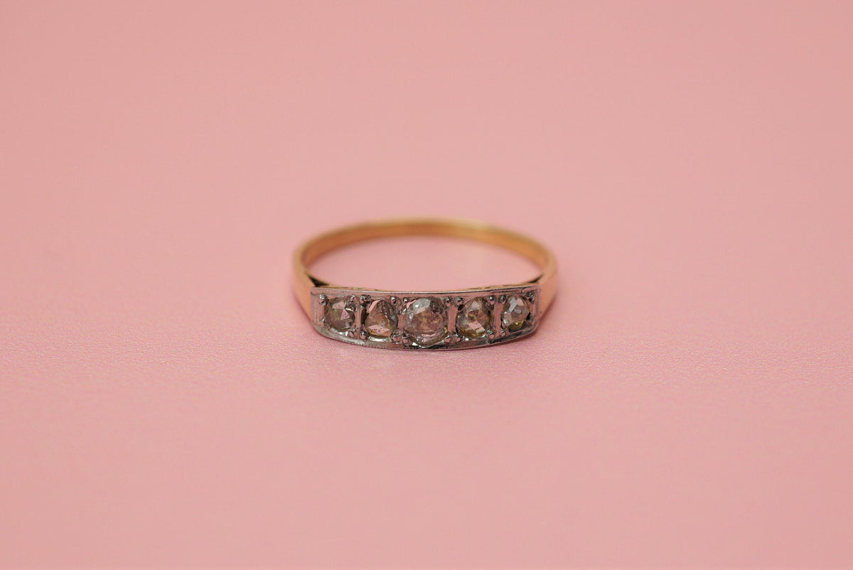 Art Deco Rose Cut Diamond Half Hoop Ring/Vintage 18K Gold 5 Stone Ring