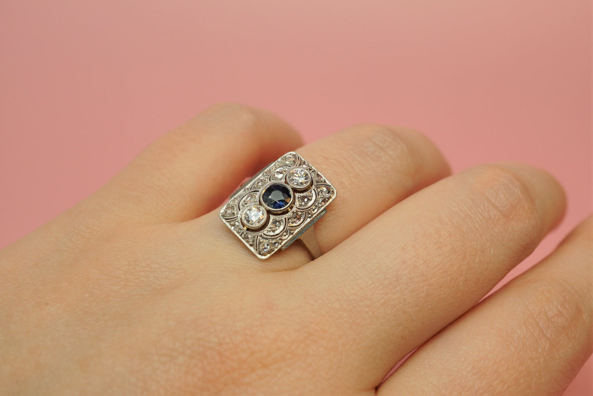 Art Deco Diamond and Sapphire Shield Ring/Antique Diamond 14K Gold Statement Ring