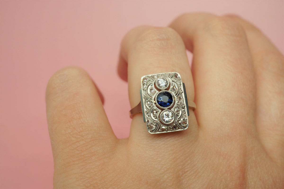 Art Deco Diamond and Sapphire Shield Ring/Antique Diamond 14K Gold Statement Ring