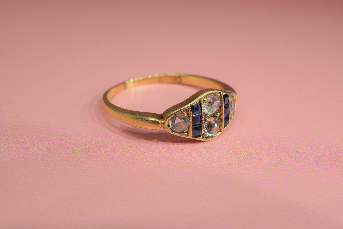 Victorian White and Blue Sapphire Ring/Antique 14K Yellow Gold Diamond Shaped Engagement Ring