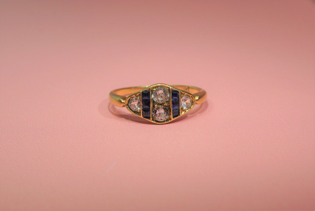 Victorian White and Blue Sapphire Ring/Antique 14K Yellow Gold Diamond Shaped Engagement Ring