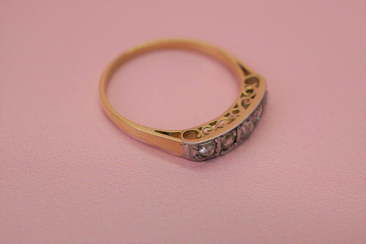 Art Deco Rose Cut Diamond Half Hoop Ring/Vintage 18K Gold 5 Stone Ring