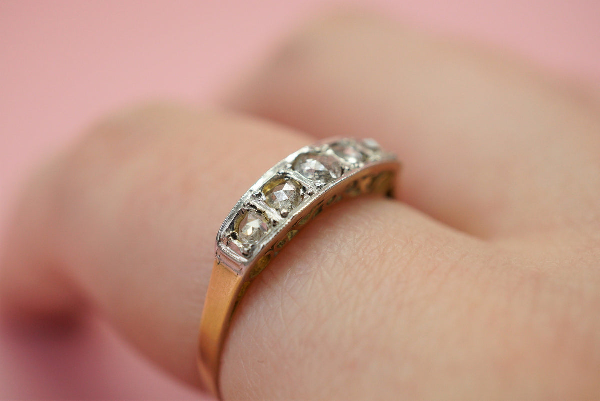 Art Deco Rose Cut Diamond Half Hoop Ring/Vintage 18K Gold 5 Stone Ring
