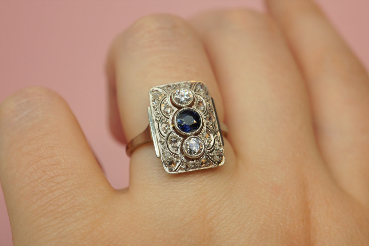 Art Deco Diamond and Sapphire Shield Ring/Antique Diamond 14K Gold Statement Ring