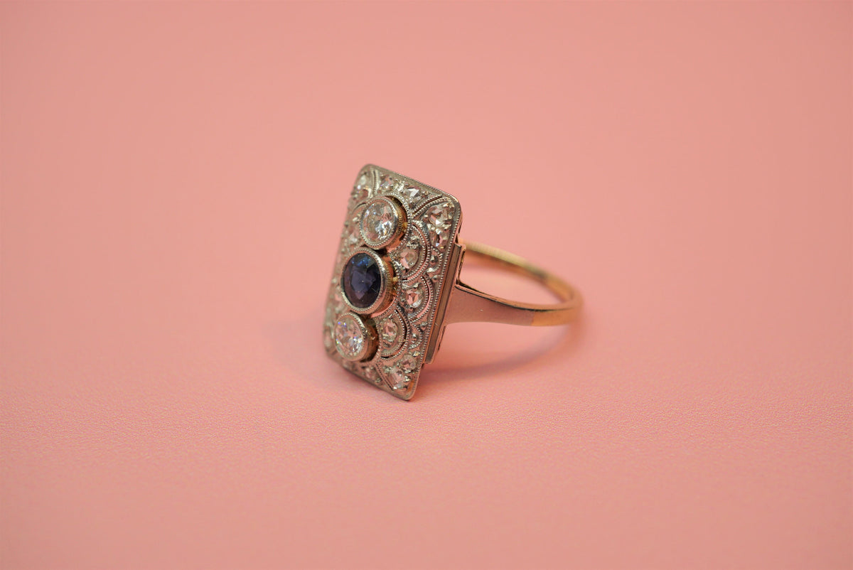 Art Deco Diamond and Sapphire Shield Ring/Antique Diamond 14K Gold Statement Ring