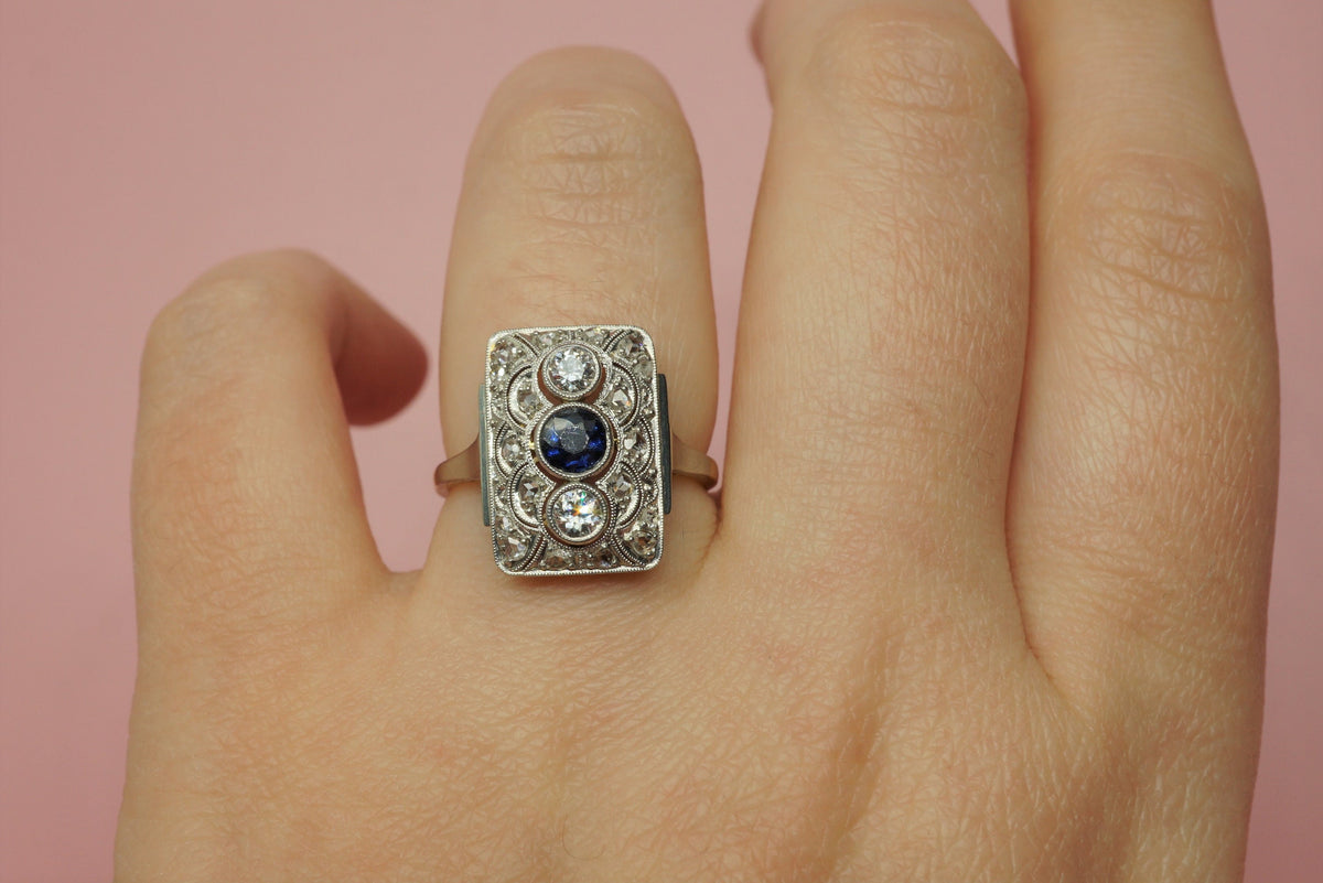 Art Deco Diamond and Sapphire Shield Ring/Antique Diamond 14K Gold Statement Ring