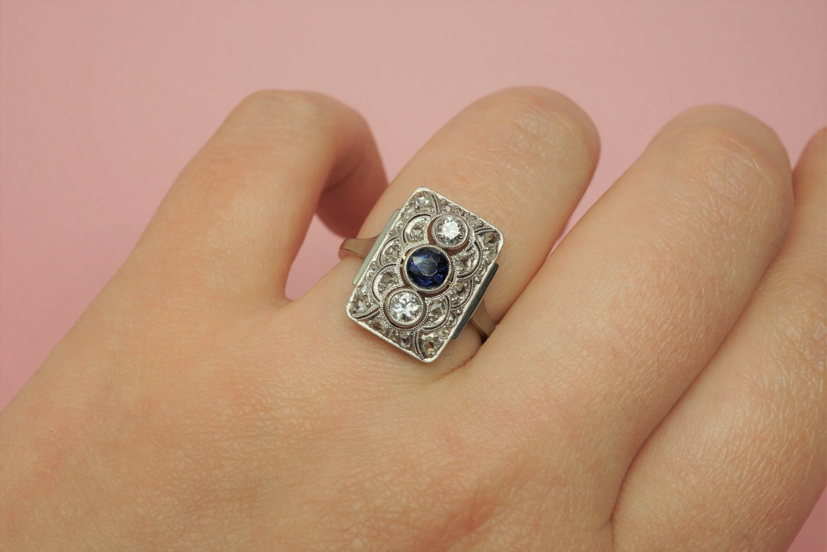 Art Deco Diamond and Sapphire Shield Ring/Antique Diamond 14K Gold Statement Ring