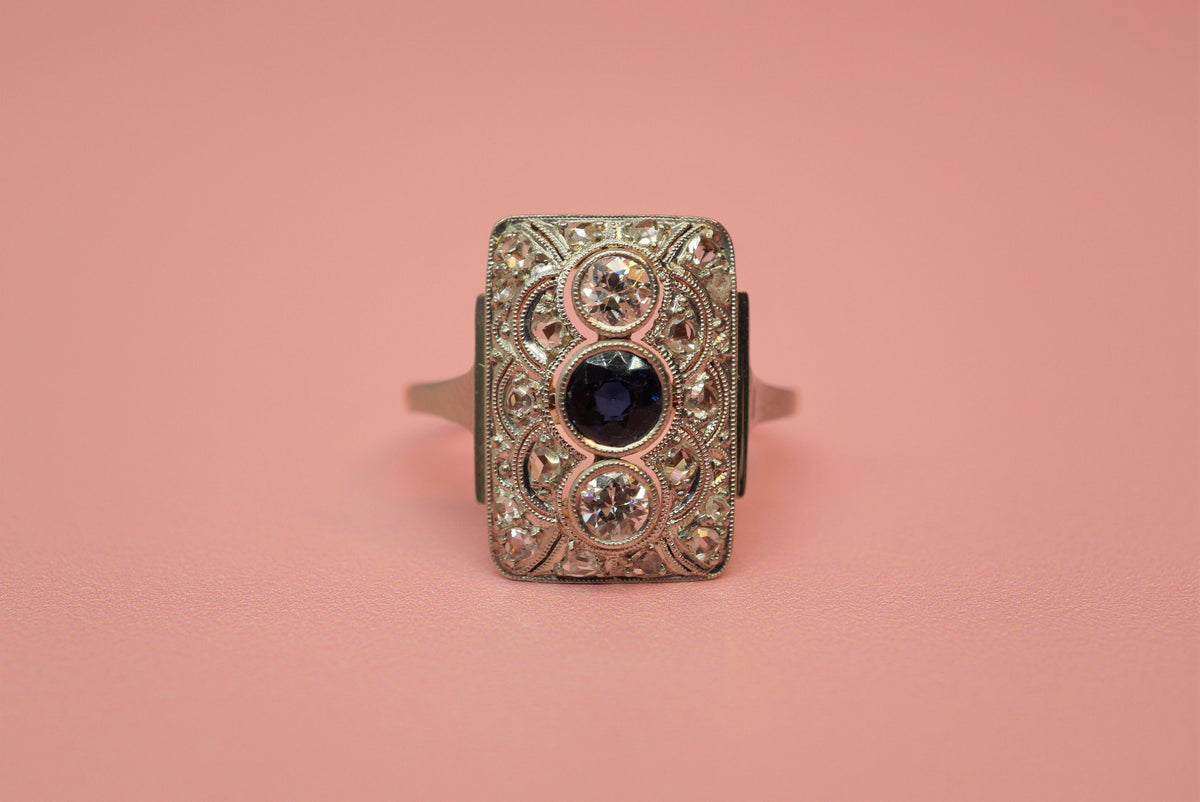 Art Deco Diamond and Sapphire Shield Ring/Antique Diamond 14K Gold Statement Ring
