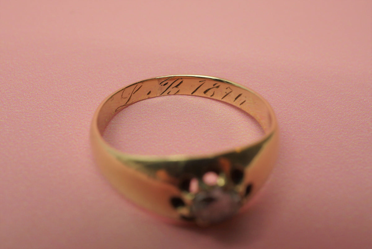 Victorian Rose Cut Diamond Solitair Ring/Antique Diamond 18K Gold Engagement Ring with Inscription