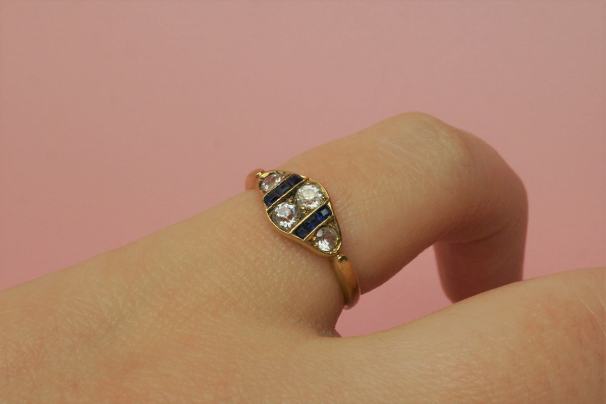 Victorian White and Blue Sapphire Ring/Antique 14K Yellow Gold Diamond Shaped Engagement Ring