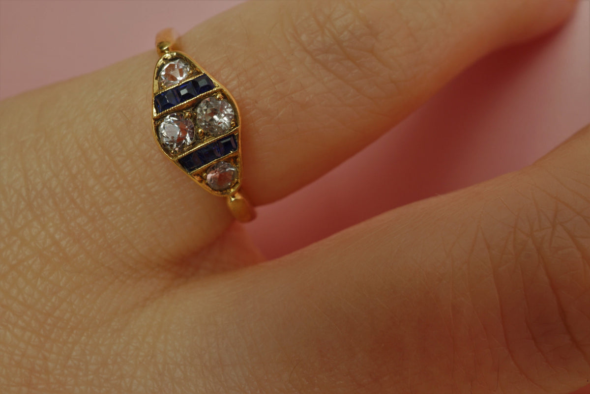 Victorian White and Blue Sapphire Ring/Antique 14K Yellow Gold Diamond Shaped Engagement Ring